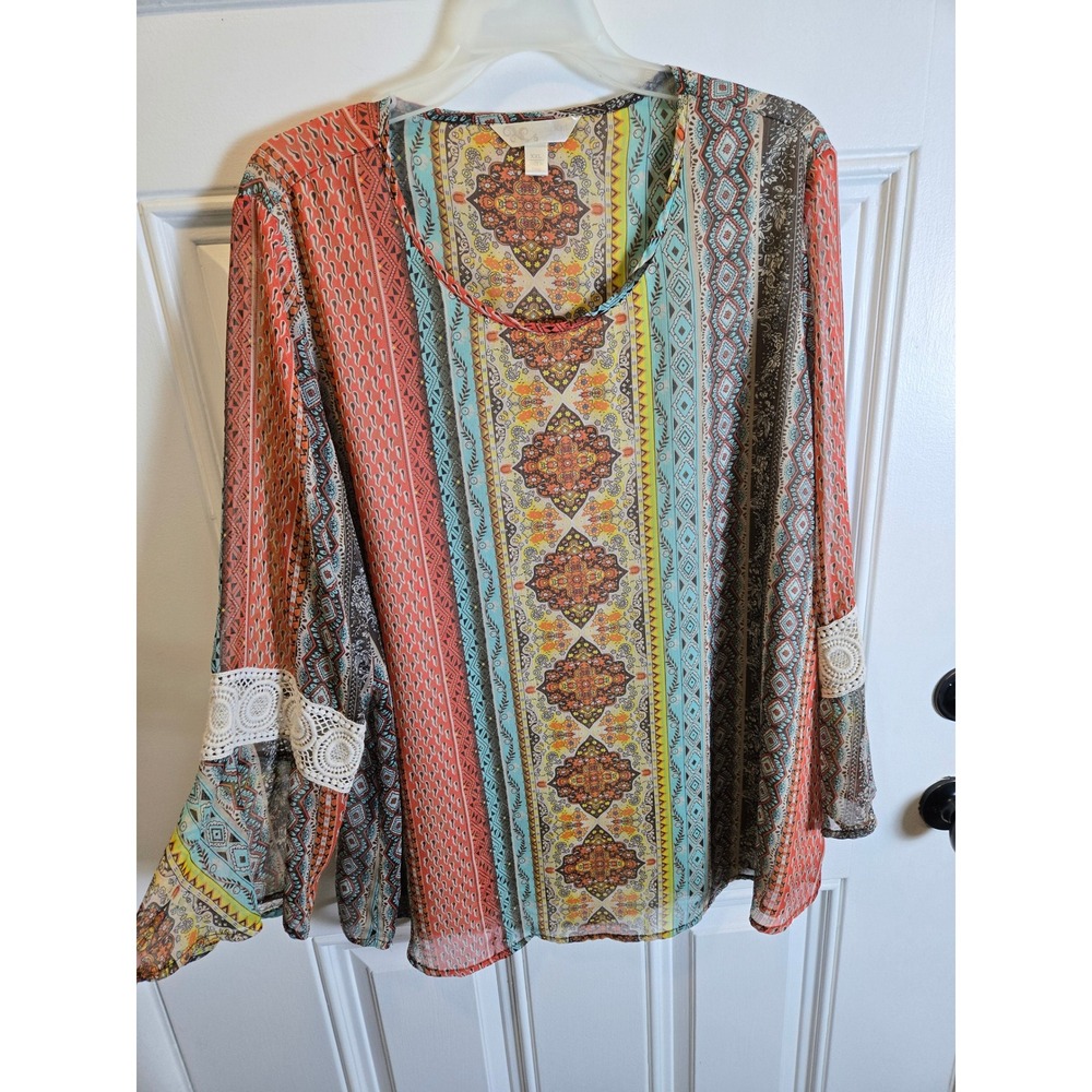 Krazy Kat Women XXL Boho Bell Sleeve Blouse Paisley Crochet Lace Medallion Print